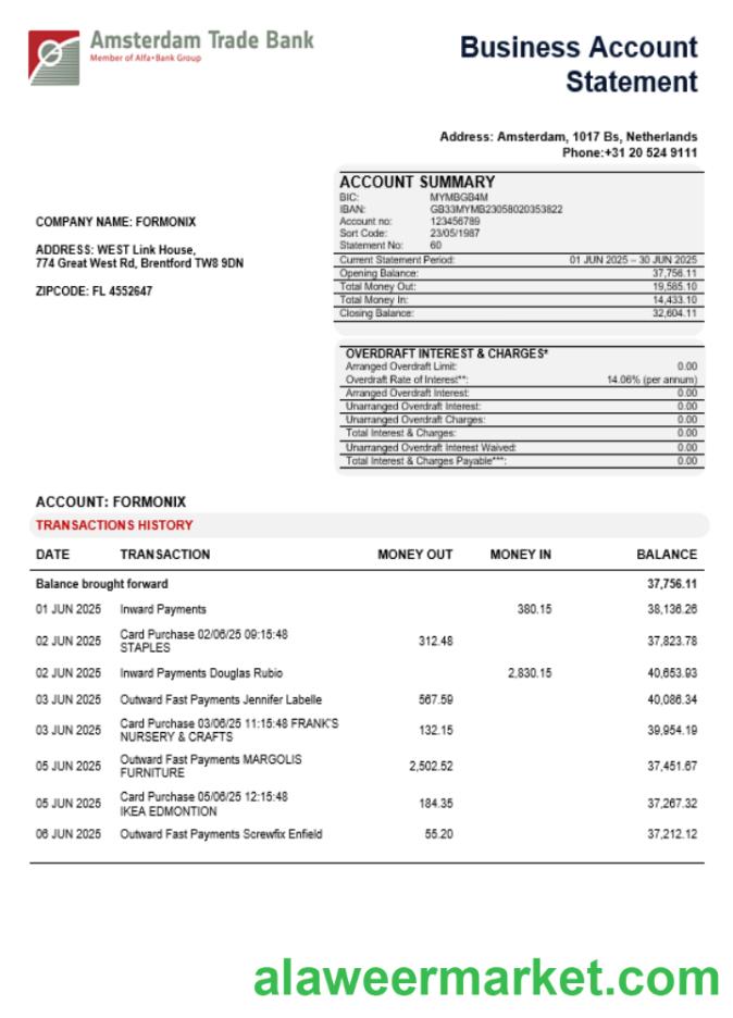 Trade Bank business account statement Word and PDF template